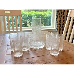 Iittala Finland Ultima Thule Tapio Wirkkala 8 Champagne Glasses & 1 Carafe Used